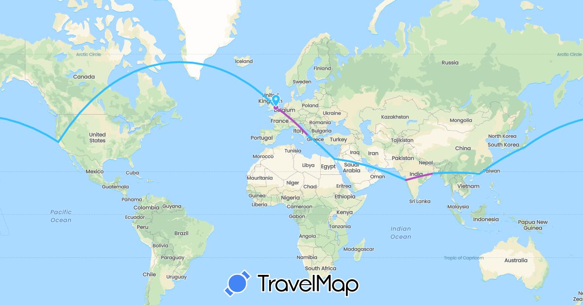 TravelMap itinerary: driving, train, boat in China, Egypt, United Kingdom, India, Italy, Japan, United States (Africa, Asia, Europe, North America)